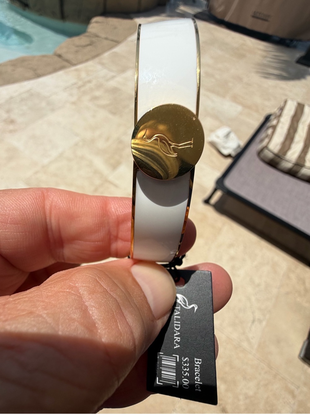 Talidara White and Gold Enamel Bangle Bracelet-Designer